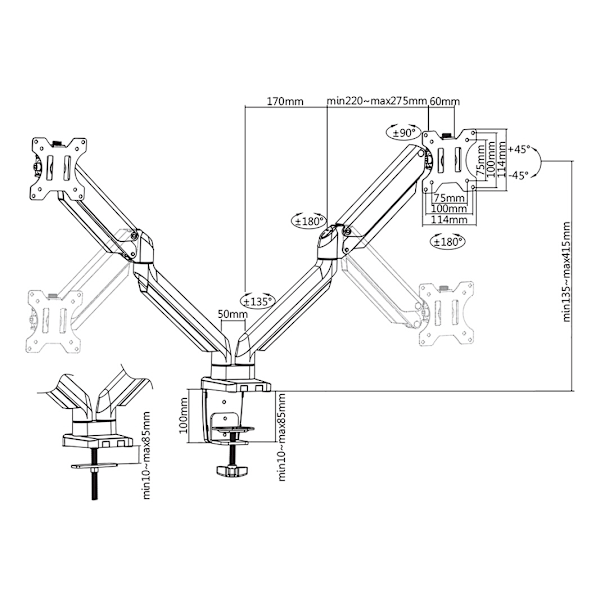 DELTACO Office, Dual desk, gas spring,17"-32",1,5-8kg,75x75-100x100