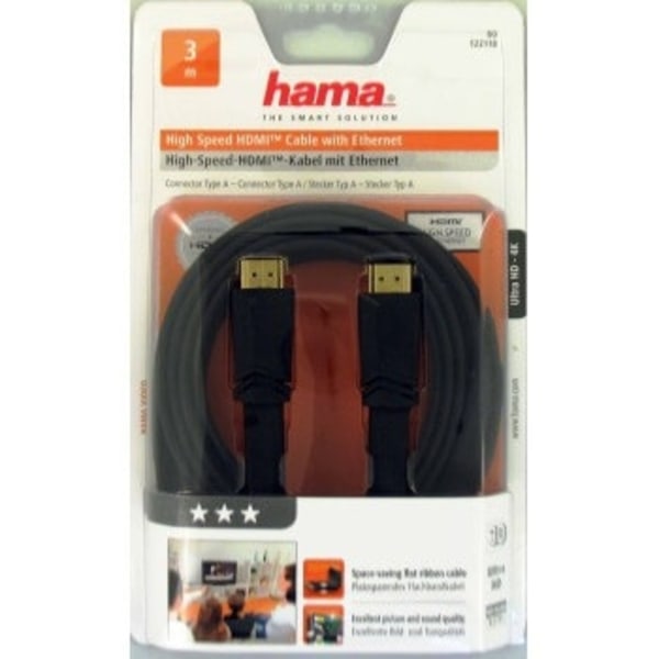 HAMA HDMI Ethernet High Speed Kabel 3,0m Flad Sort Guldbelagt TL