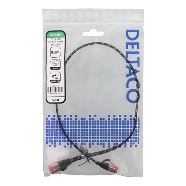 DELTACO Tough Flat CAT.6A U/FTP Patch Cable, 28AWG, 0.5m, black