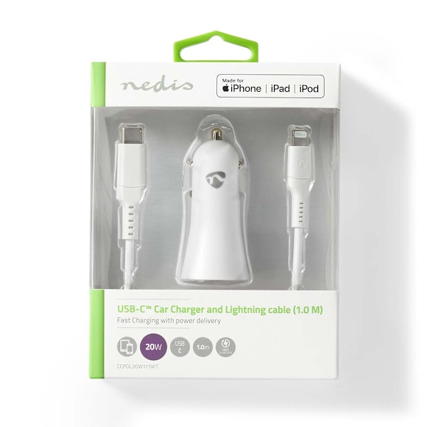 Nedis Billaddare | 20 W | 1.67 / 2.22 / 3.0 A | Antal utgångar: 1 | Port typ: USB-C™ | Lightning 8-Pin (Lös) Kabel | 1.00 m | Automatiskt val av Spänn
