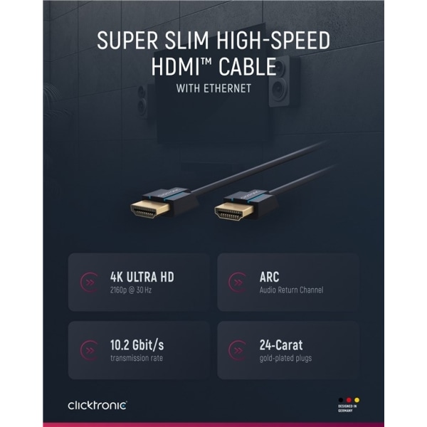 ClickTronic Ultra-Slim Höghastighets HDMI™-kabel med Ethernet Premiumkabel | 1x HDMI™-kontakt  1x HDMI™-kontakt | 3,0 m | UHD 4K @ 60 Hz