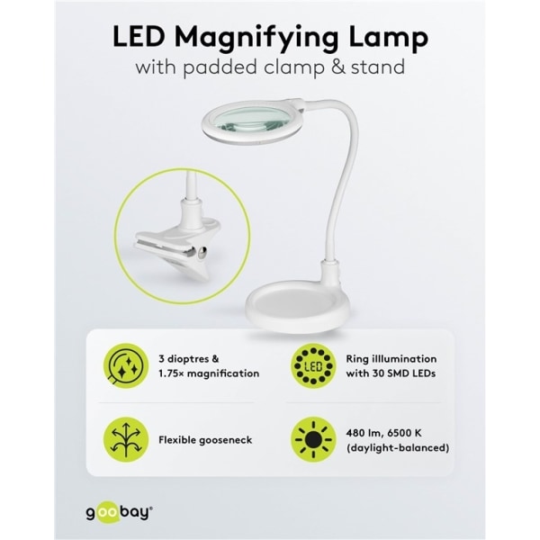 Goobay LED-luplampe med fod/klemme, 6 W, hvid 480 lm, 100 mm gla