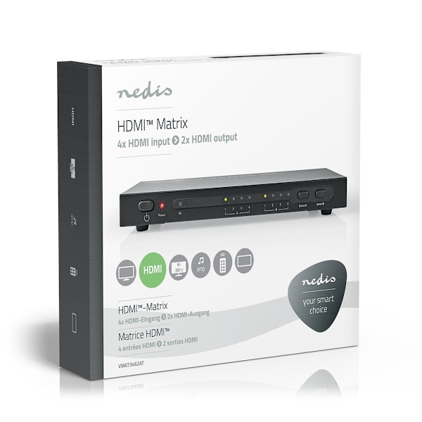 Nedis HDMI ™ Matrix Switch | 4 x 2-Port port(s) | 4x HDMI ™ -indgang | 2x HDMI™ Output | 4K@30Hz | 3.4 Gbps | Fjernstyret | Metal | Antracit