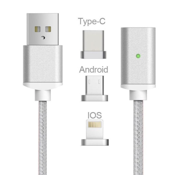 Magnetisk USB-kabel 3 i 1 - USB-C, Micro, Lightning (Sølv)