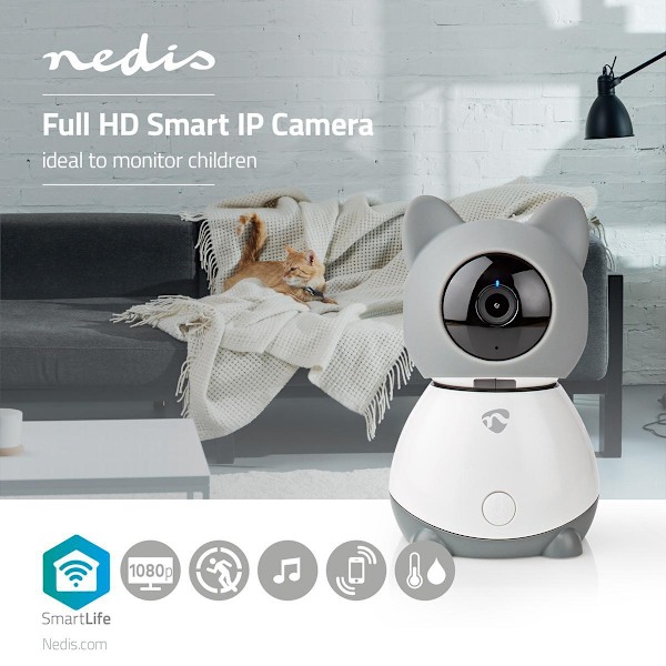 Nedis SmartLife Inomhus Kamera | Wi-Fi | Full HD 1080p | Panorera lutning | microSD (ingår inte) / Molnlagring (tillval) | Med rörelsesensor | Nattsik