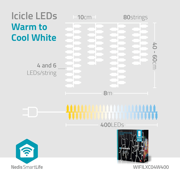 Nedis SmartLife Jouluvalot | Jääpuikko | Wi-Fi | Lämpimästä kylmään valkoiseen | 400 LED's | 8.00 m | Android™ / IOS