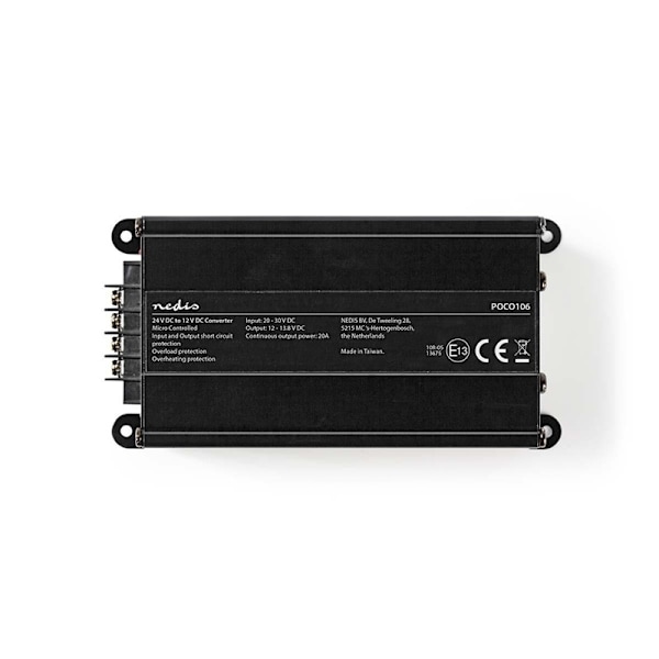 Nedis Ström omvandlare | Bildriven | 24 V DC | 12 V DC | 240 W | Skruvterminal | Utrustad med en säkring | Svart