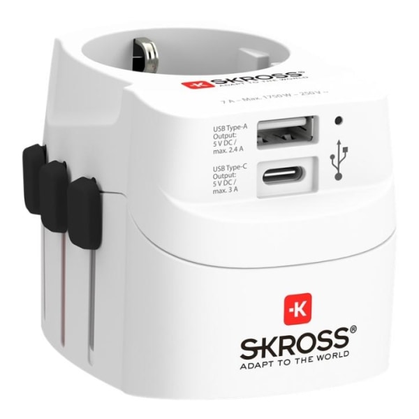 SKROSS PRO Light USB (AC), 3-pole travel adapter, 1x USB-A, 1x U