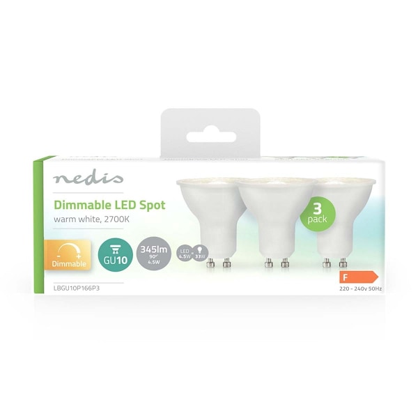 Nedis LED Pære GU10 | Spot | 4.5 W | 345 lm | 2700 K | Dimbar | Varm Hvid | Retro stil | 3 stk