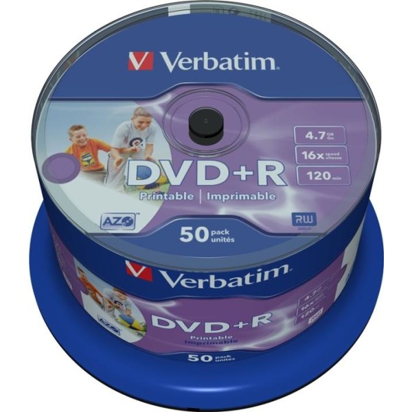 Verbatim DVD+R, 16x, 4,7 GB/120 min, 50-pakkaus spindle, AZO