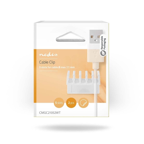 Nedis Kabelhantering | Kabelklämma | Klicka och Go | 2 st. | Antal platser: 5 Skivor | Maximal kabeltjocklek: 7.1 mm | Polypropylene | Vit