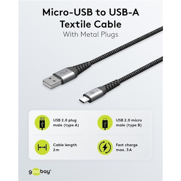 Goobay Micro-USB till USB-A textilkabel med metallkontakter 2 m elegant och extra robust anslutningskabel för enheter med Micro-USB-anslutning