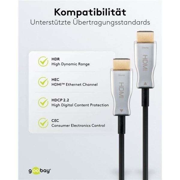 Goobay Optisk hybrid höghastighets HDMI™-kabel med Ethernet (AOC) Höghastighetskabel, 4K @ 60 Hz, för långa överföringsavstånd