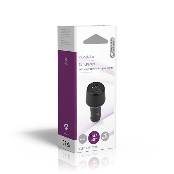 Nedis Billaddare | 48 W | 2x 3.0 A | Antal utgångar: 2 | Port typ: USB-A / USB-Câ„¢ | | Automatiskt val av Spänning