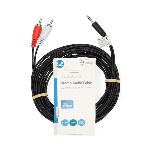 Nedis Stereoljudkabel | 3.5 mm Hane | 2x RCA Hane | Nickelplaterad | 5.00 m | Rund | Svart | Label