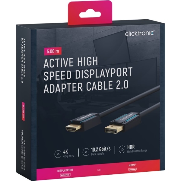 ClickTronic Adapterkabel för aktiv DisplayPortâ„¢ till HDMIâ„¢ (4K/60Hz) Premiumkabel | 1x DisplayPortâ„¢-kontakt >> 1x HDMIâ„¢-kontakt | 5,0 m | 4K @