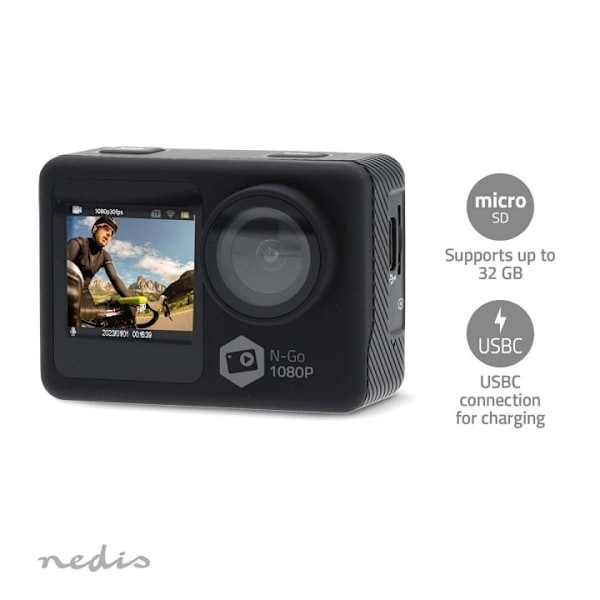 Nedis Action Cam | Dobbelt Skærm | 1080p@30fps | 12 MPixel | Vandtæt op til: 30.0 m | 70 min | Wi-Fi | App tilgængelig til: Androidâ„¢ / IOS | Monteri