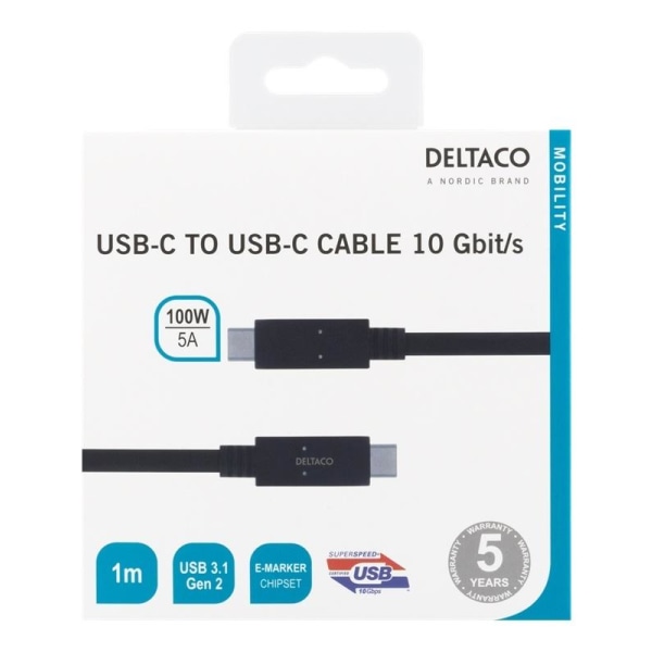 DELTACO USB-C-kaapeli, 1m, 10Gbps, 100W, 5A, USB 3.1 Gen 2, must