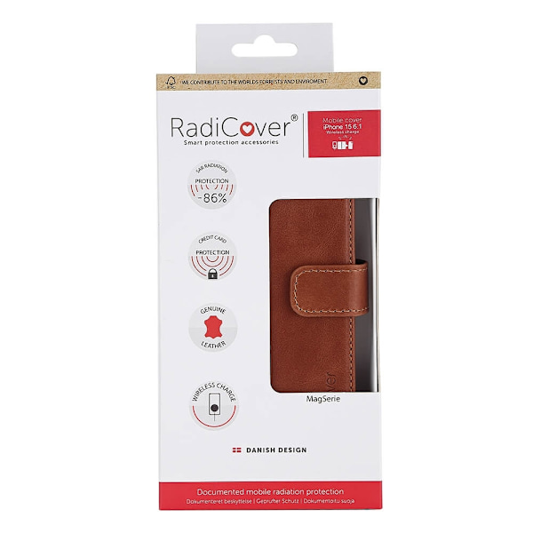 RADICOVER Wallet Case 2i1 Anti-stråling Læder MagS Brun - iPhone 15 Brun