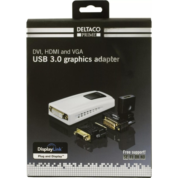 DELTACO PRIME USB 3.0 til DVI/HDMI/VGA-adapter,  fungerer som et ekstr