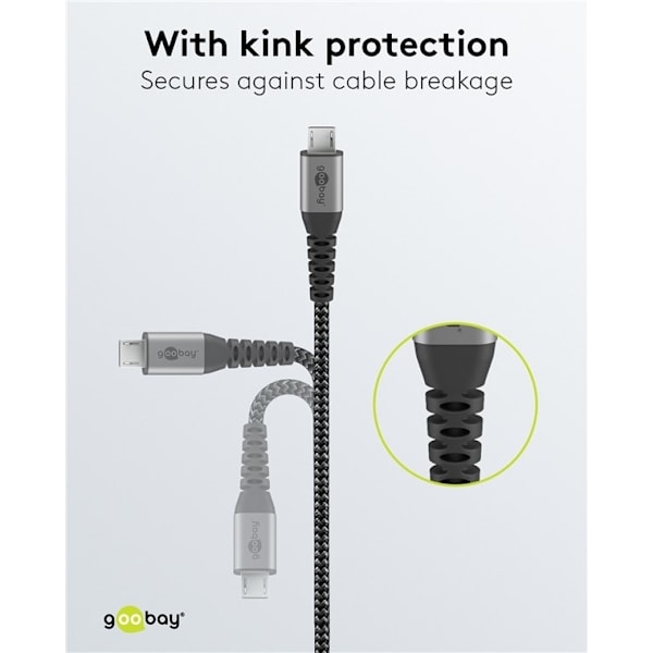 Goobay Micro-USB till USB-A textilkabel med metallkontakter 2 m elegant och extra robust anslutningskabel för enheter med Micro-USB-anslutning