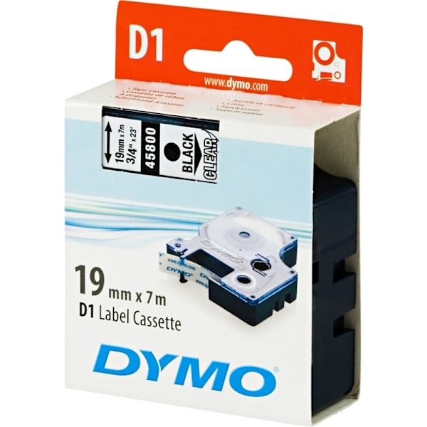 DYMO D1 märktejp standard 19mm, svart på transparent, 7m rulle (45800)