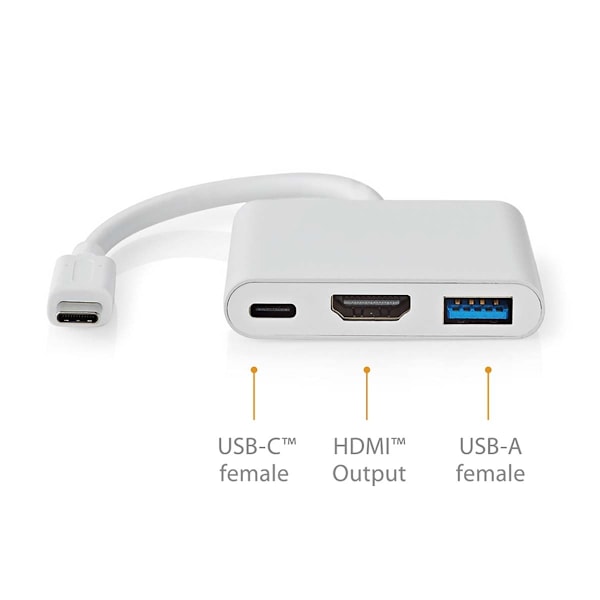 Nedis USB N Moniporttisovitin | USB 3.2 Gen 1 | USB-C™ Uros | HDMI™ Ulostulo / USB-A Naaras / USB-C™ Naaras | 5 Gbps | 0.10 m | Pyöreä | Niklattu | PV