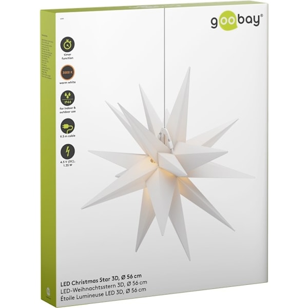 Goobay LED-julstjärna 3D, Ø 56 cm, 4,5 V utomhustransformator med timer och 18 spetsar, varmvitt (3000 K), av väderbeständig plast (IP44), kabel 9,5 m
