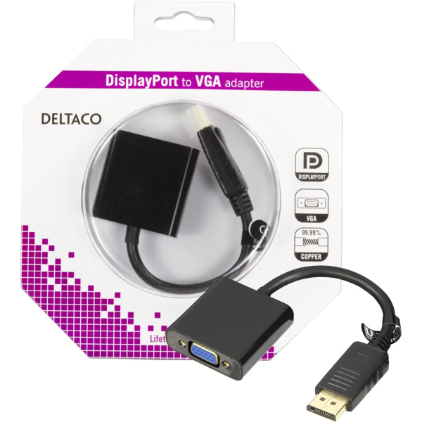 DELTACO DisplayPort til VGA-adapter, 20-pin han - 15-pin hun, 0,2m, Svart