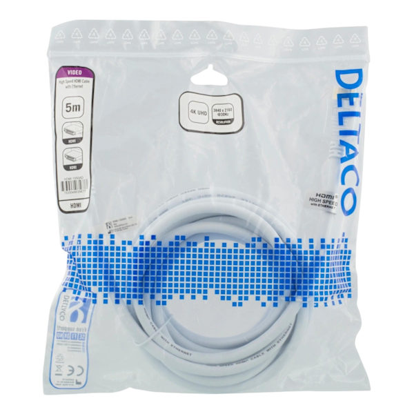 DELTACO High-Speed HDMI kabel, 5m, Ethernet, 4K UHD, hvid
