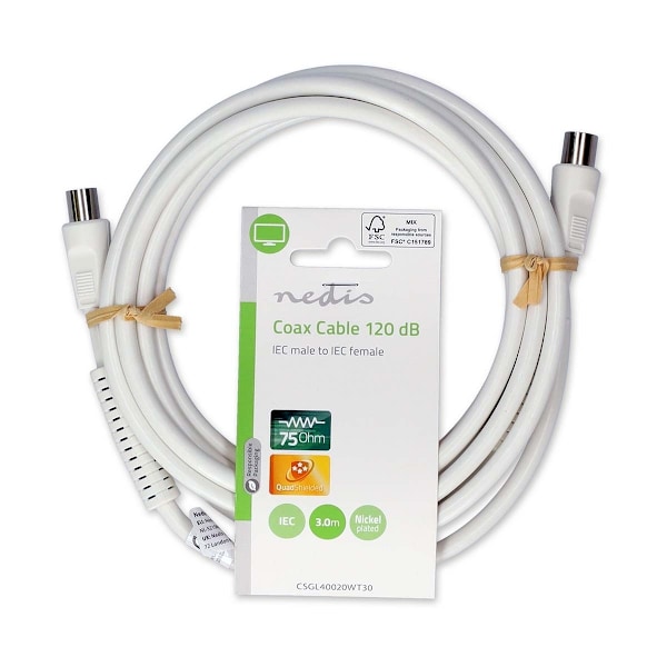 Nedis Koaxialkabel | IEC (Koax) Hane | IEC (Koax) Hona | Nickelplaterad | 120 dB | 75 Ohm | Fyra skydd | 3.00 m | Rund | PVC | Vit | Label
