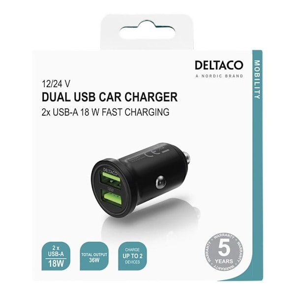 DELTACO USB car charger, 2x USB-A 18 W, fast charging, 36 W tota