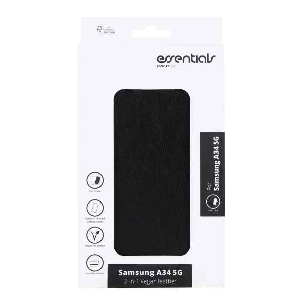 Essentials Samsung Galaxy A34 5G PU pung, aftagelig, sort Svart
