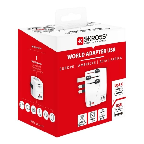 SKROSS PRO Light USB (AC), 3-pole travel adapter, 1x USB-A, 1x U