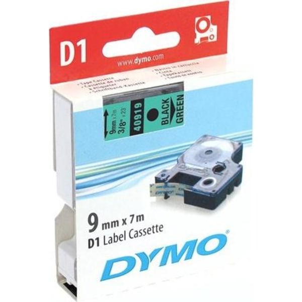 DYMO D1 märktejp standard 9mm, svart på grönt, 7m rulle (40919)