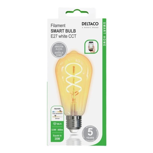 DELTACO SMART HOME FILAMENT LED-lampa, E27, WiFI, 5.5W, 1800K-65