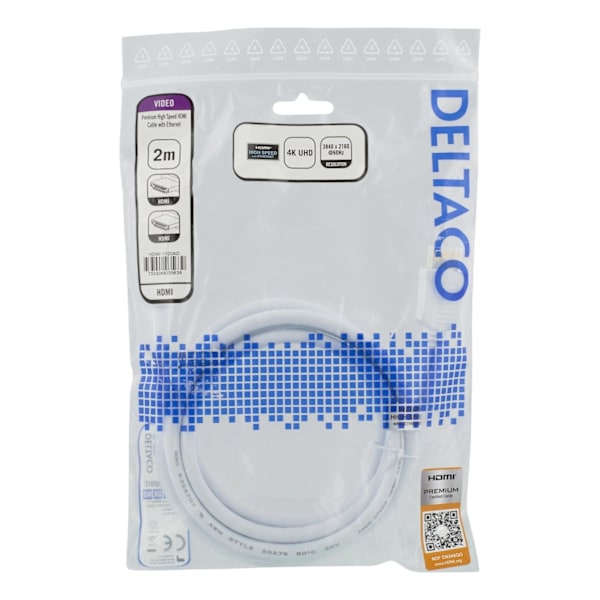 DELTACO High-Speed Premium HDMI -kaapeli, 2m, Ethernet, 4K UHD, valk.