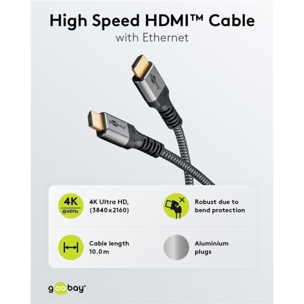 Goobay High Speed ​​​​HDMI™ -kaapeli Ethernetillä, 10 m, Sharkskin G