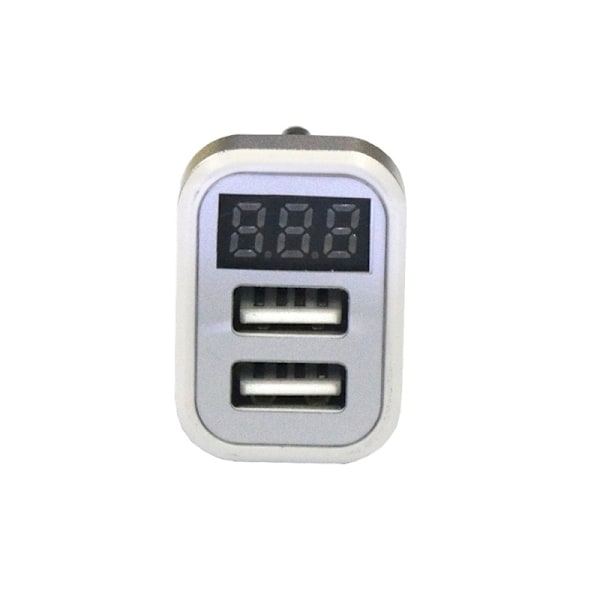 USB-autolaturi, jossa on 2 USB-porttia ja näyttö, hopea
