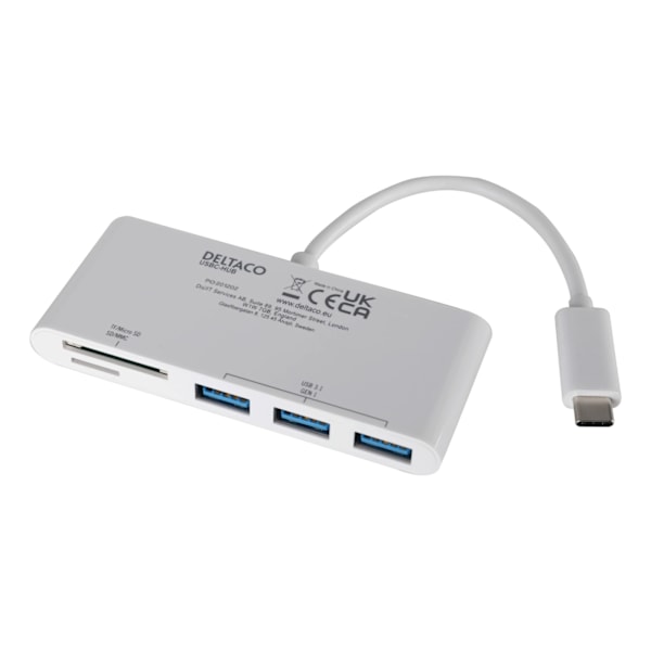 DELTACO USB 3.1 Gen 1 -hubi, USB-C, 3USB A, SD/microSD-lukija, valk.