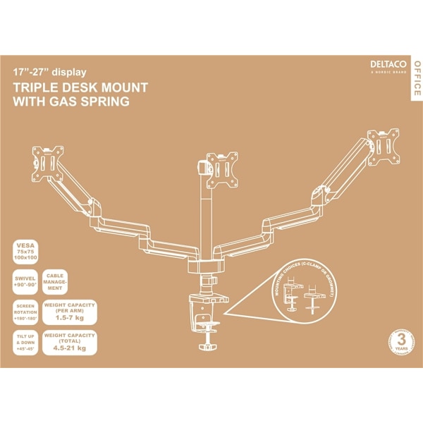 DELTACO Office 3-os. premium-näyttövarsi,17"-27",1,5-8kg,75x75-100x100