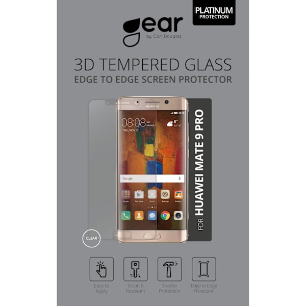 GEAR Hærdet Glas 3D Full Cover Sort Huawei  Mate 9 Pro Transparent