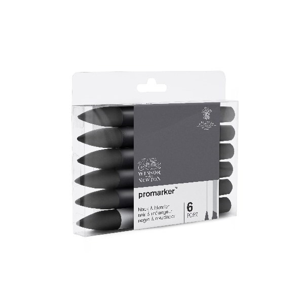 Winsor Promarker set 6st (5st Svart +1st blender)