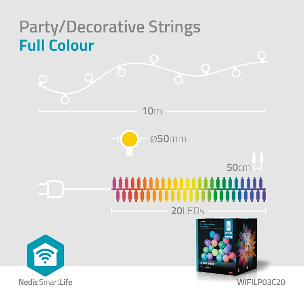 Nedis SmartLife Dekorativa Lampor | Festljus | Wi-Fi | RGB / Vit | 20 LED's | 10 m | Android™ | Glödlampediameter: 50 mm