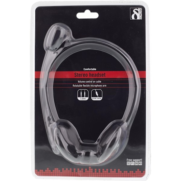 DELTACO, headset med mikrofon och volymkontroll 2m kabel, svart