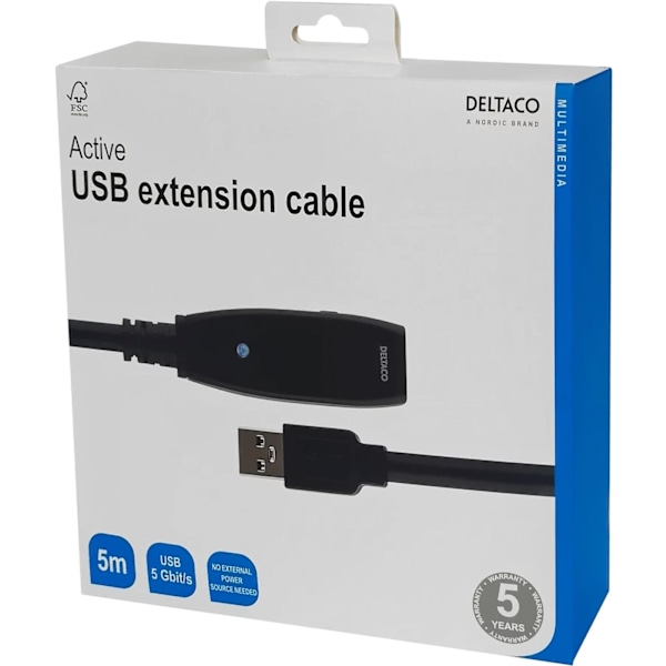 DELTACO PRIME aktiv USB 3.0-förlängningskabel, Typ A ha - ho, 5m, blå
