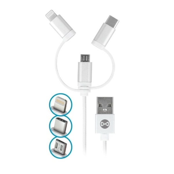 Forever USB 3-in-1 kaapeli, nailon, microUSB, USB iPhonelle & USB type-C