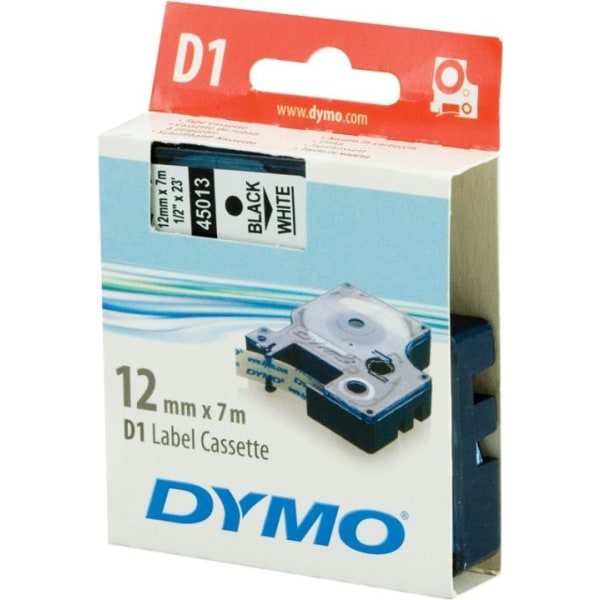 DYMO D1, markeringstape, 12 mm, sort tekst på hvid tape, 7 m