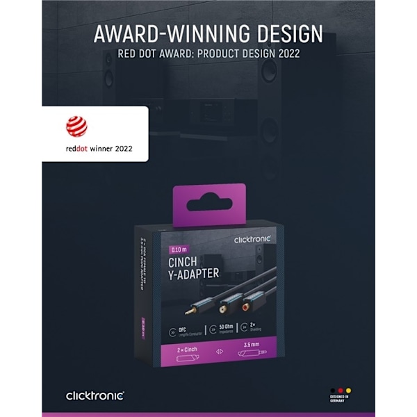 ClickTronic 3,5 mm AUX till RCA-adapterkabel, stereo Premiumkabel | 2x cinchjack  1x 3,5 mm jackplugg | 0,1 m | OFC innerledare