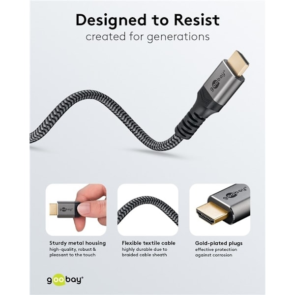 Goobay Höghastighets HDMI™-kabel med Ethernet, 3 m, Sharkskin Grey HDMI™-kontakt (typ A) > HDMI™-kontakt (typ A)